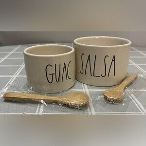 New in Box Rae Dunn Ceramic Artisan Guac and Salsa Bowl Set with 2 Bamboo Spoons